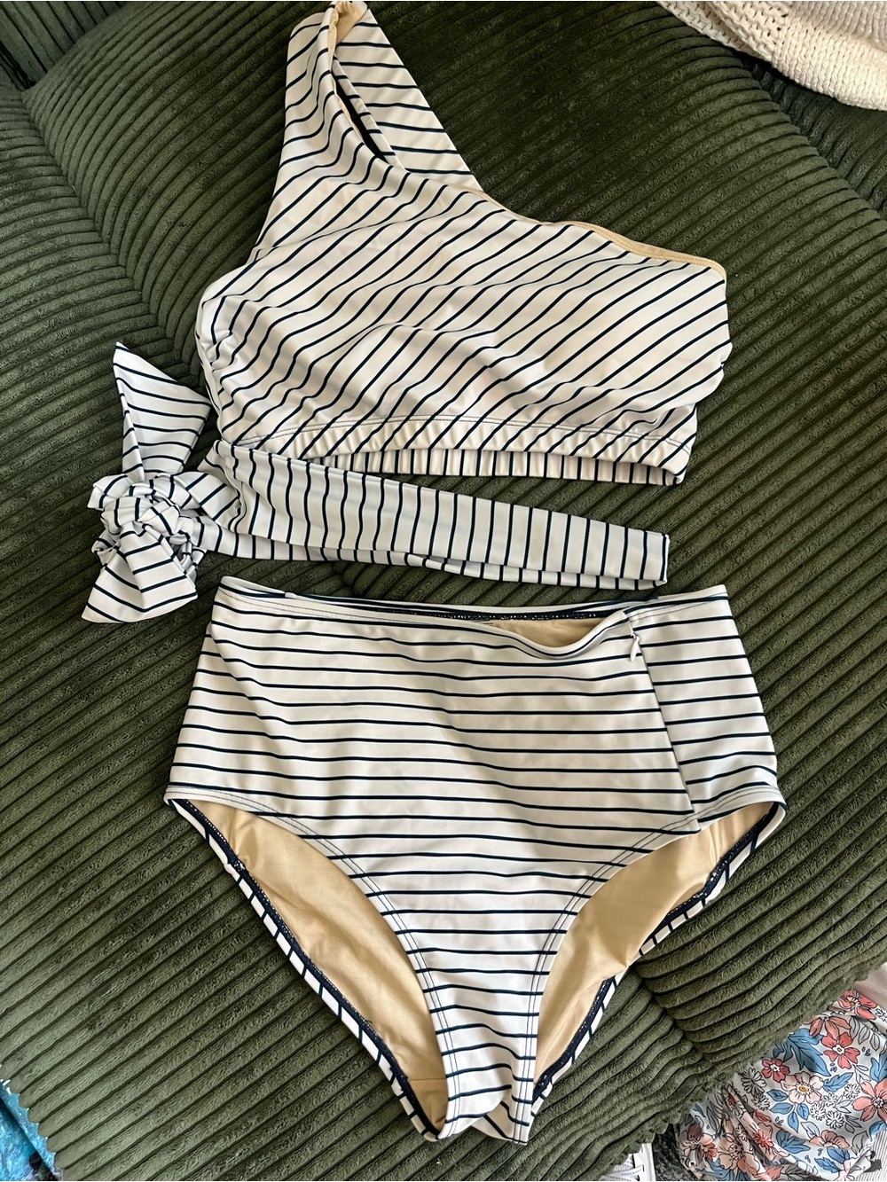 Nani Swimwear Pinstripe Striped Navy White One-Shoulder Swim Set High Rise Zip